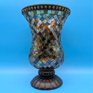 PartyLite Global Fusion Mosaic Stained Glass Hurricane P8366 12" Candle Holder